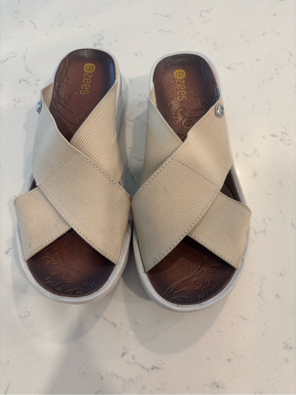 B Zees Beige Cross-Strap Slide Sandals - Women's